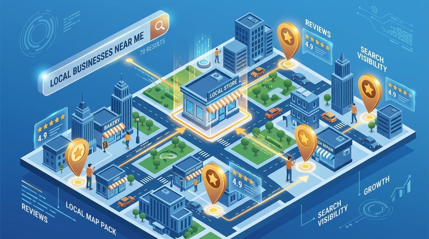 A modern digital map interface highlighting a local business location surrounded by customer search queries and star ratings.