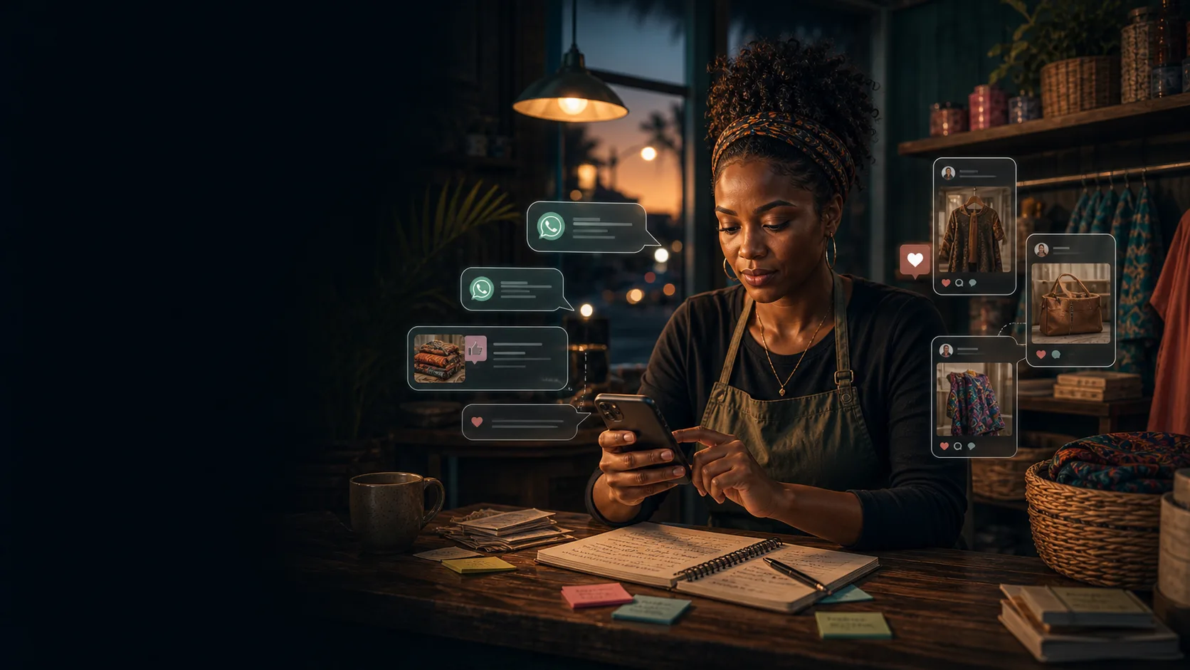 A business owner replying to messages through WhatsApp and personal social accounts.