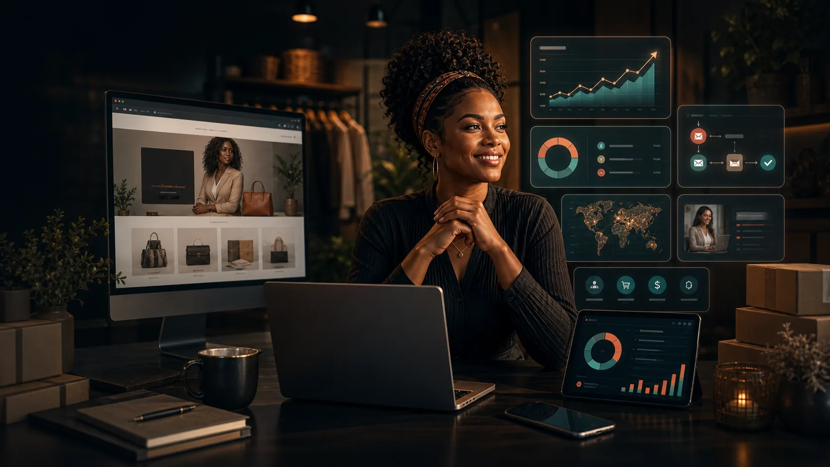 A growing business owner reviewing digital systems, dashboards, and a stronger online presence with a team.