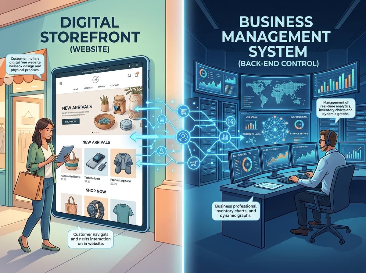 Visual representation comparing a basic public-facing website storefront to an interconnected internal business management system.