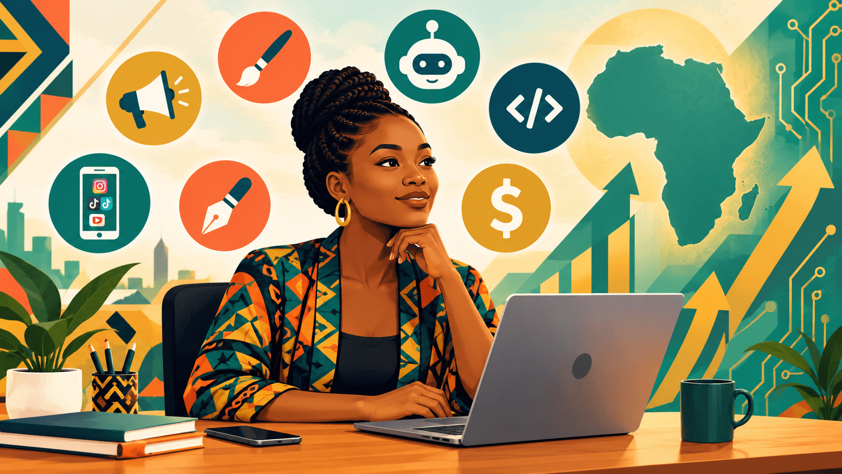 Illustration of a young African professional working on a laptop surrounded by floating icons representing digital skills including marketing, design, AI, development, and income symbols, with an upward growth motif and African-inspired color palette.