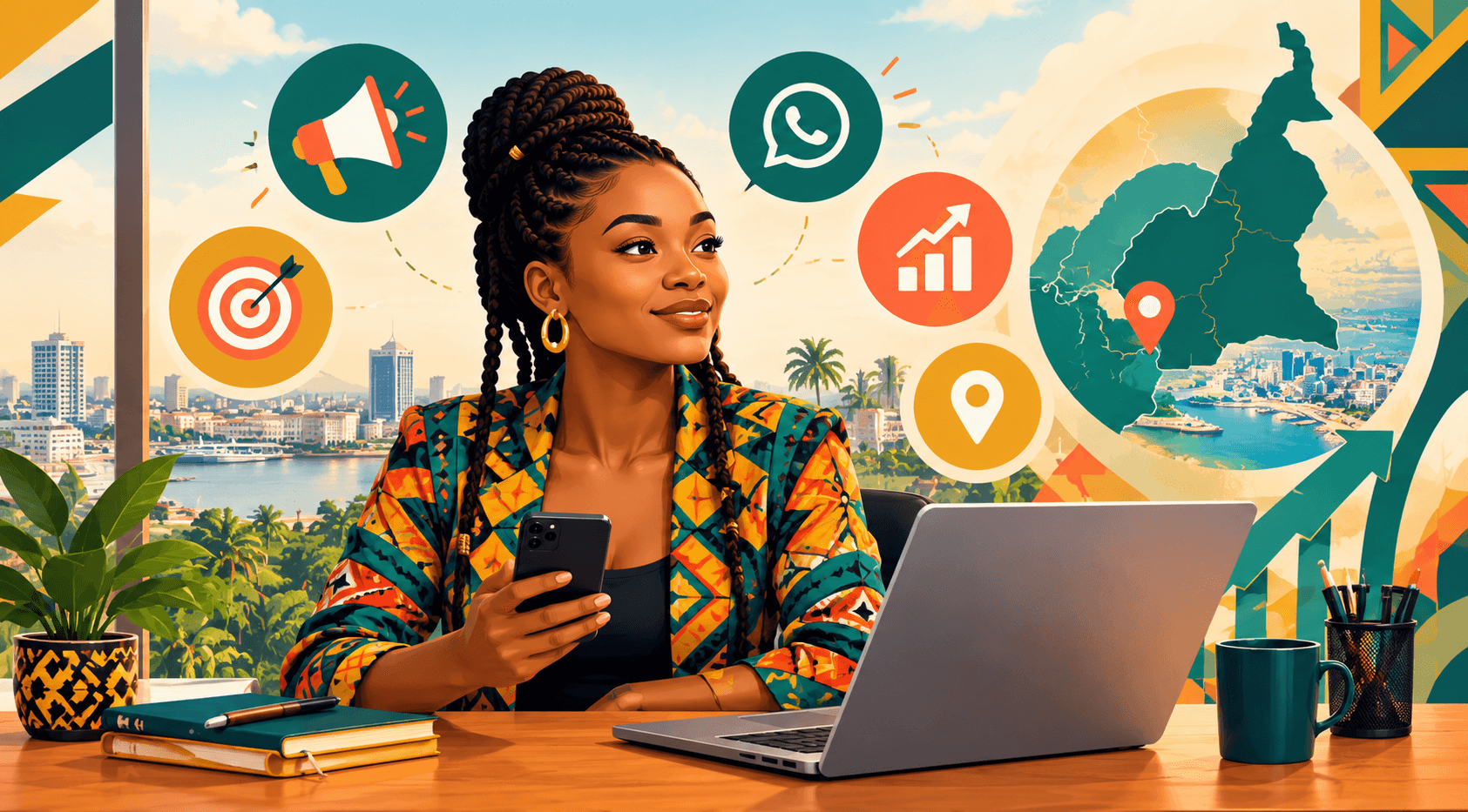 Illustration of a young Cameroonian professional with a smartphone and laptop showing marketing analytics, surrounded by digital marketing icons and a subtle map of Cameroon highlighting Douala.